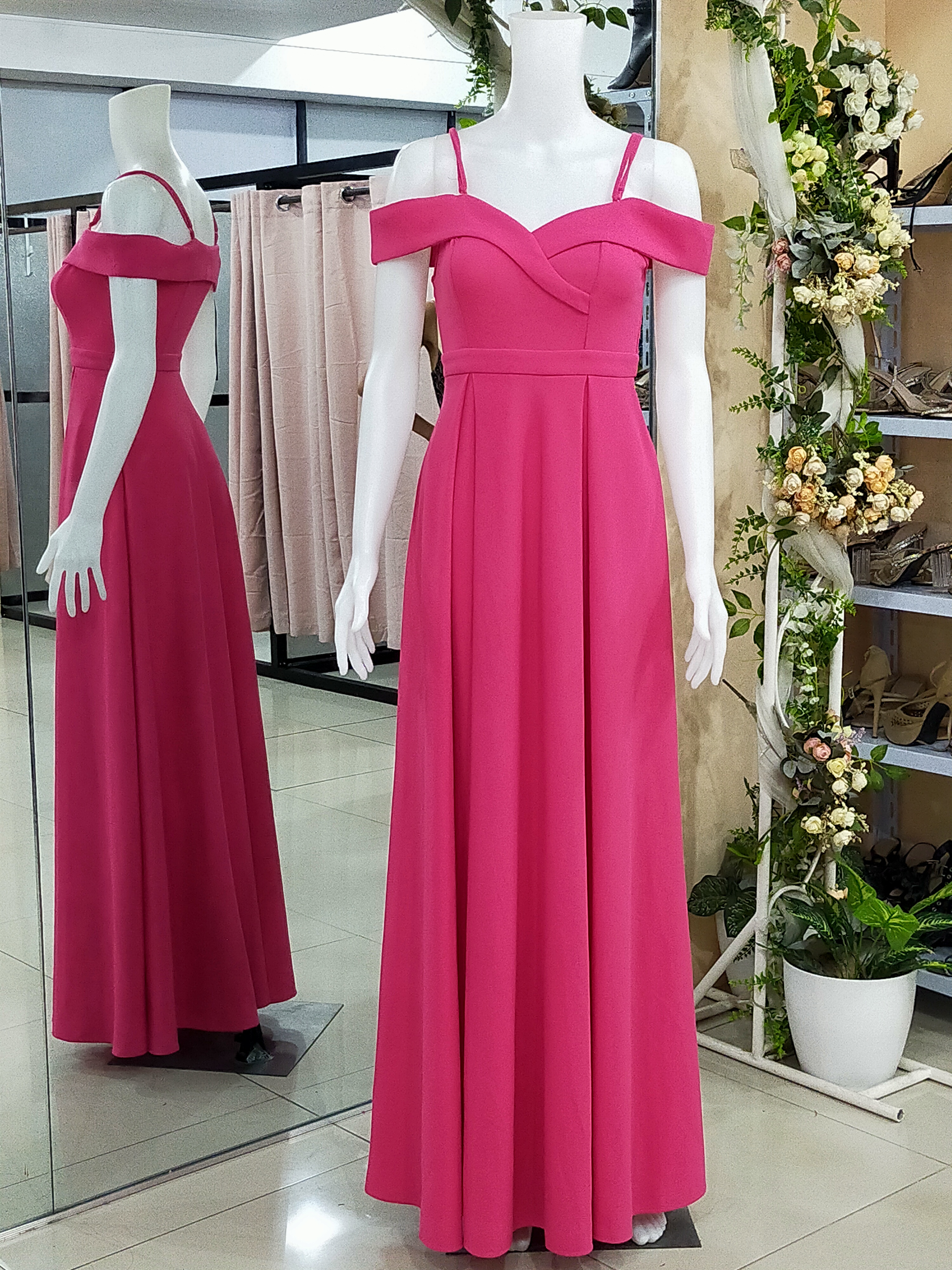 Hot Pink Offshoulder Spag Slit Gown