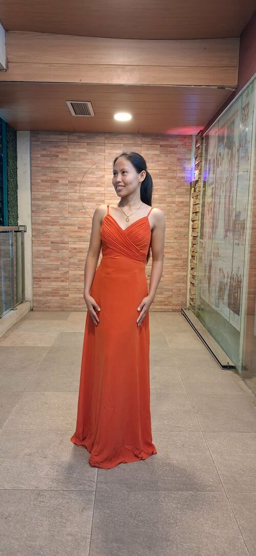 Burnt Orange Spaghetti Strap Chiffon Slit Bridesmaid Gown