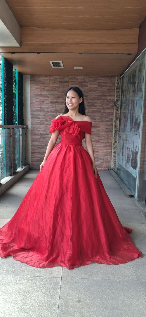 Red Maroon Twisted Rose Design Ball Gown