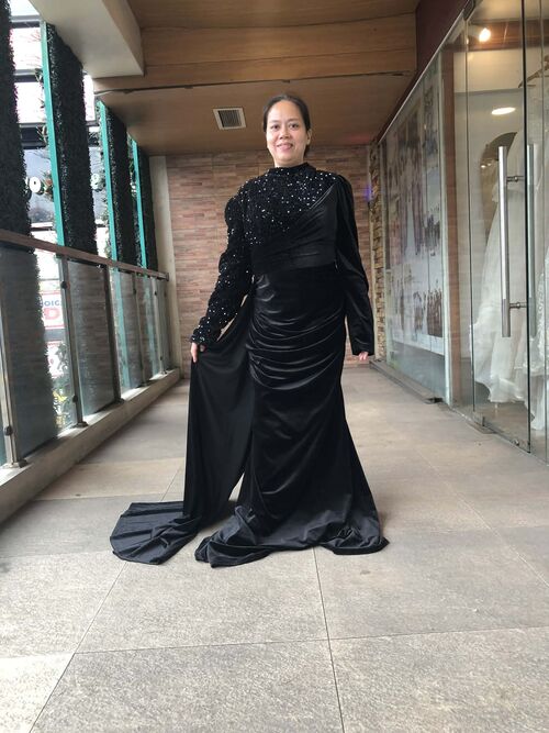 Plus Size Black Gown Mock Neck Long Sleeve Sequins Velvet Sleeve