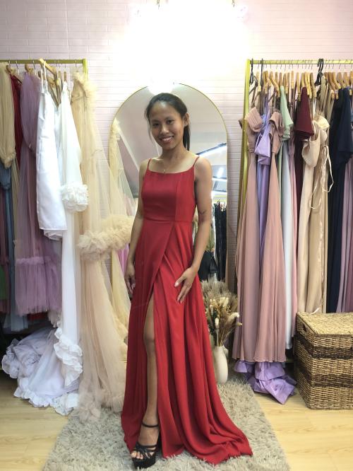 Maroon Red Crisscross Back Slit Bridesmaid Gown