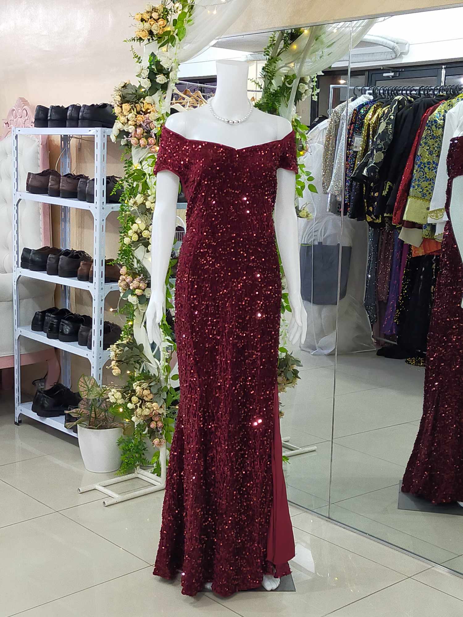 Plus Size Red Offshoulder Sequins Gown