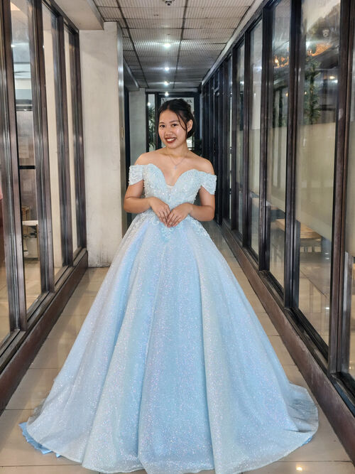Light Blue Deep-V Sparkle Ball Gown