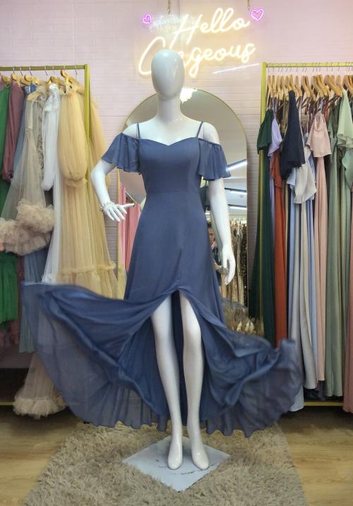 Dusty Blue Offshoulder Spag Chiffon Slit Bridesmaid Gown