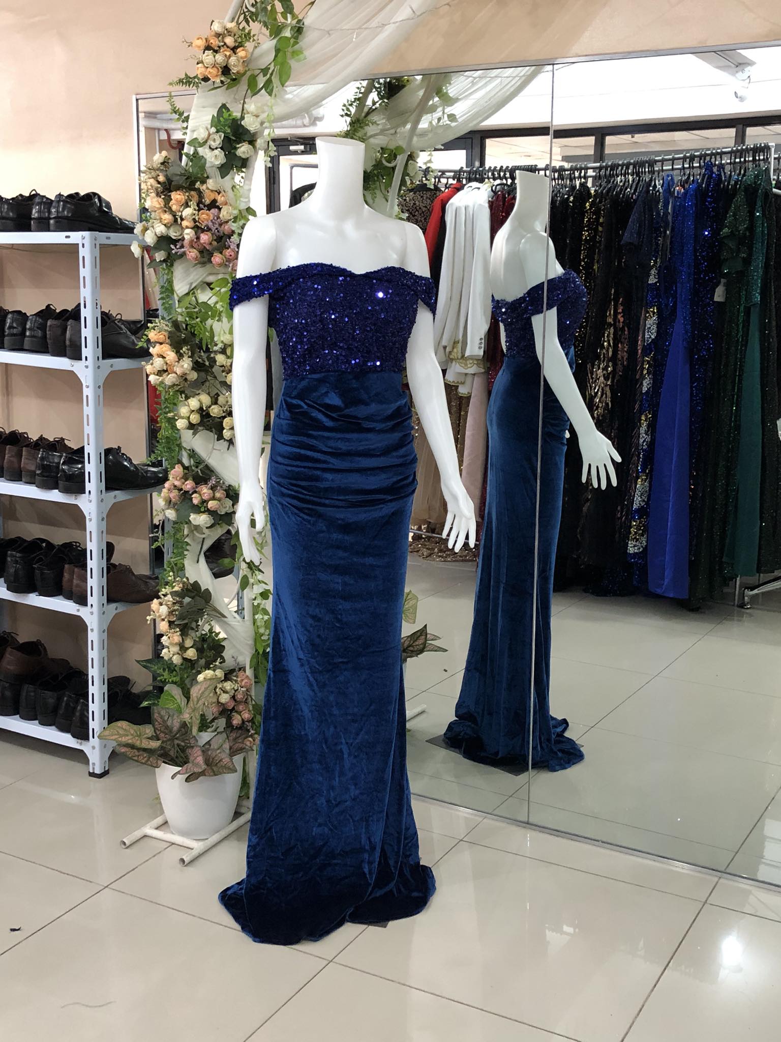 Navy Blue Velvet Offshoulder Sequins Glittery Slit Long Gown