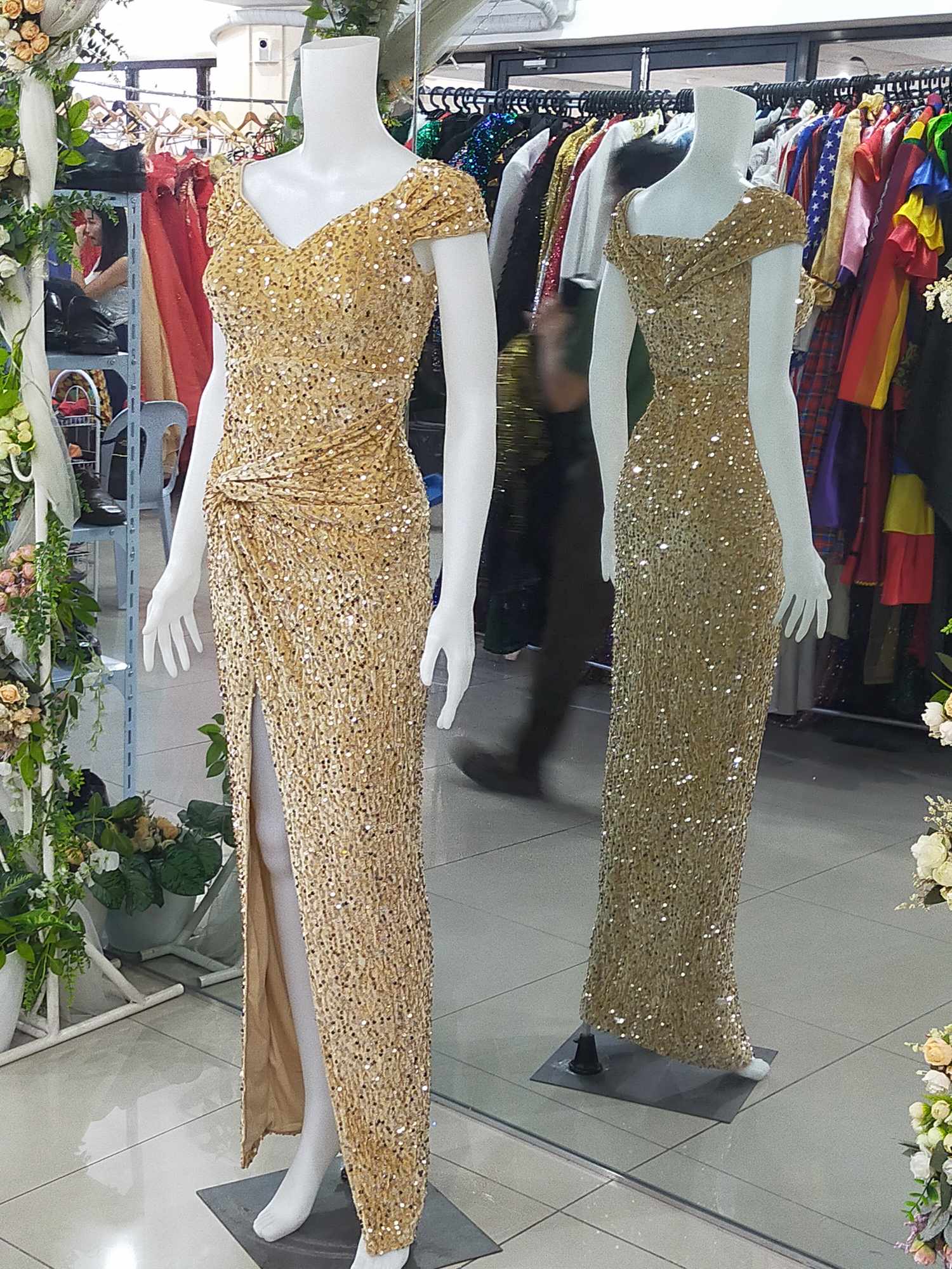 Gold Offshoulder Sequins Side Twist Slit Long Gown