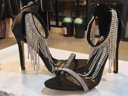 Black Silver Tassel Strap Heels