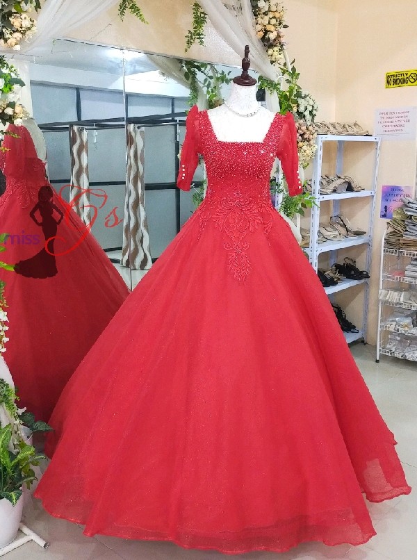 Red Buttons Sleeves Beads Ball Gown