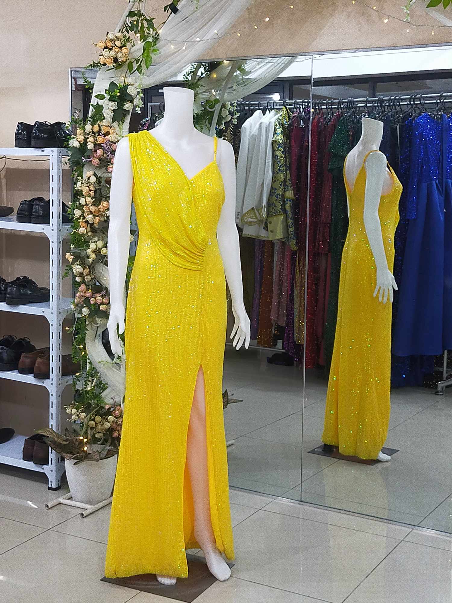 Yellow Asymmetrical Ruched Front Sequins Glittery Slit Gown