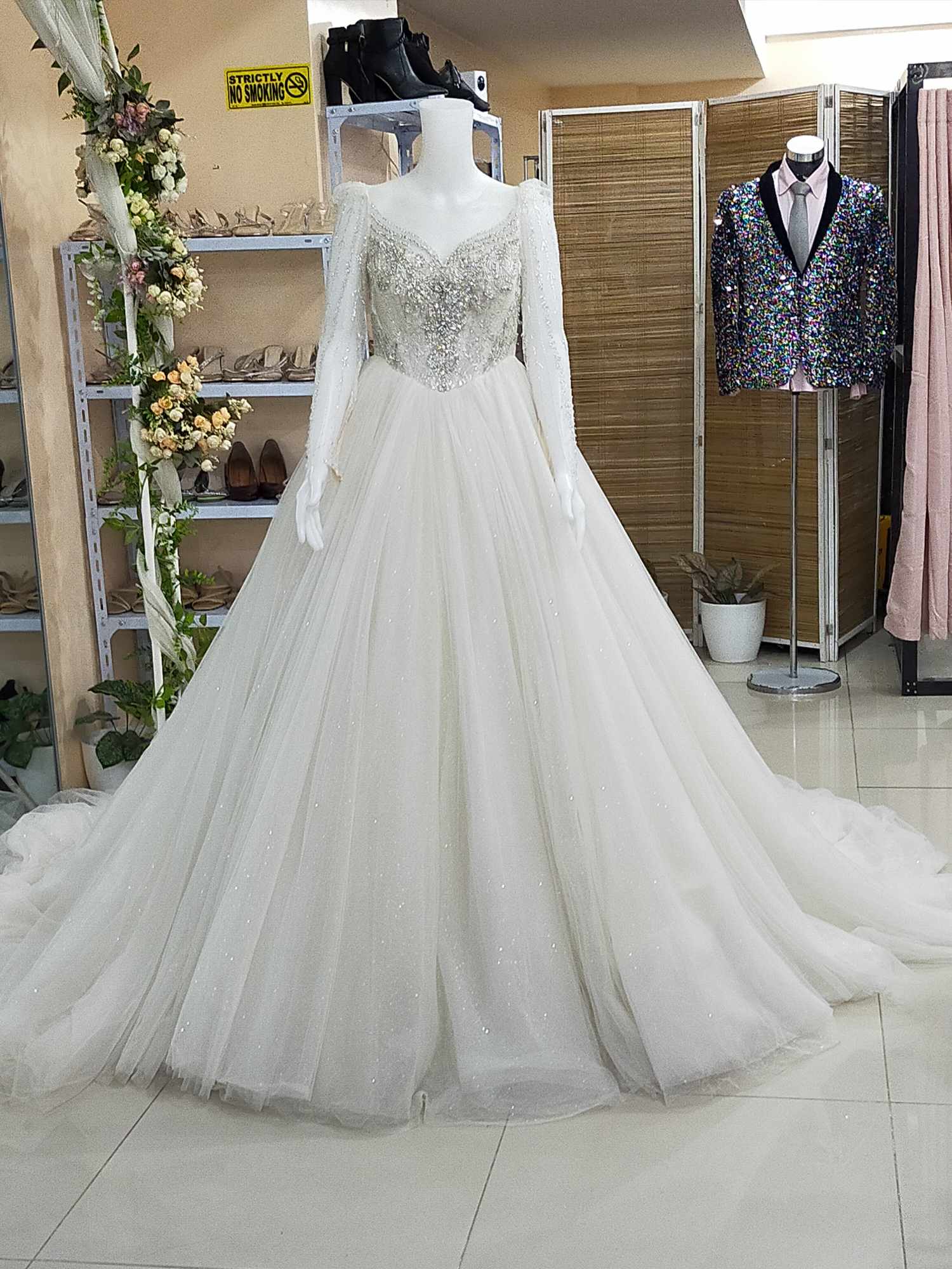 See-through Sequins Longsleeves Wedding Gown