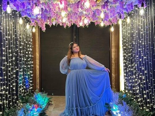 Dusty Blue Robe Boho Offshoulder Longsleeves Tulle Gown