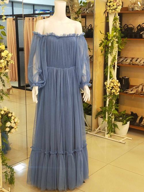Dusty Blue Robe Boho Offshoulder Longsleeves Tulle Gown
