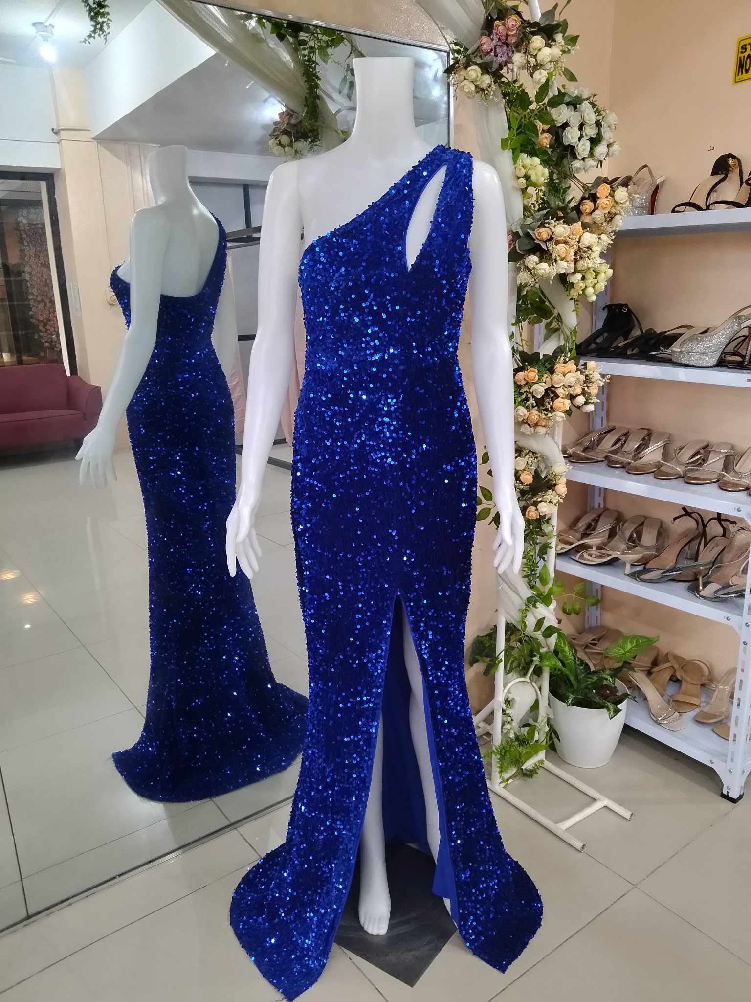 Royal Blue One Shoulder Full Sequins Glittery Slit Long Gown