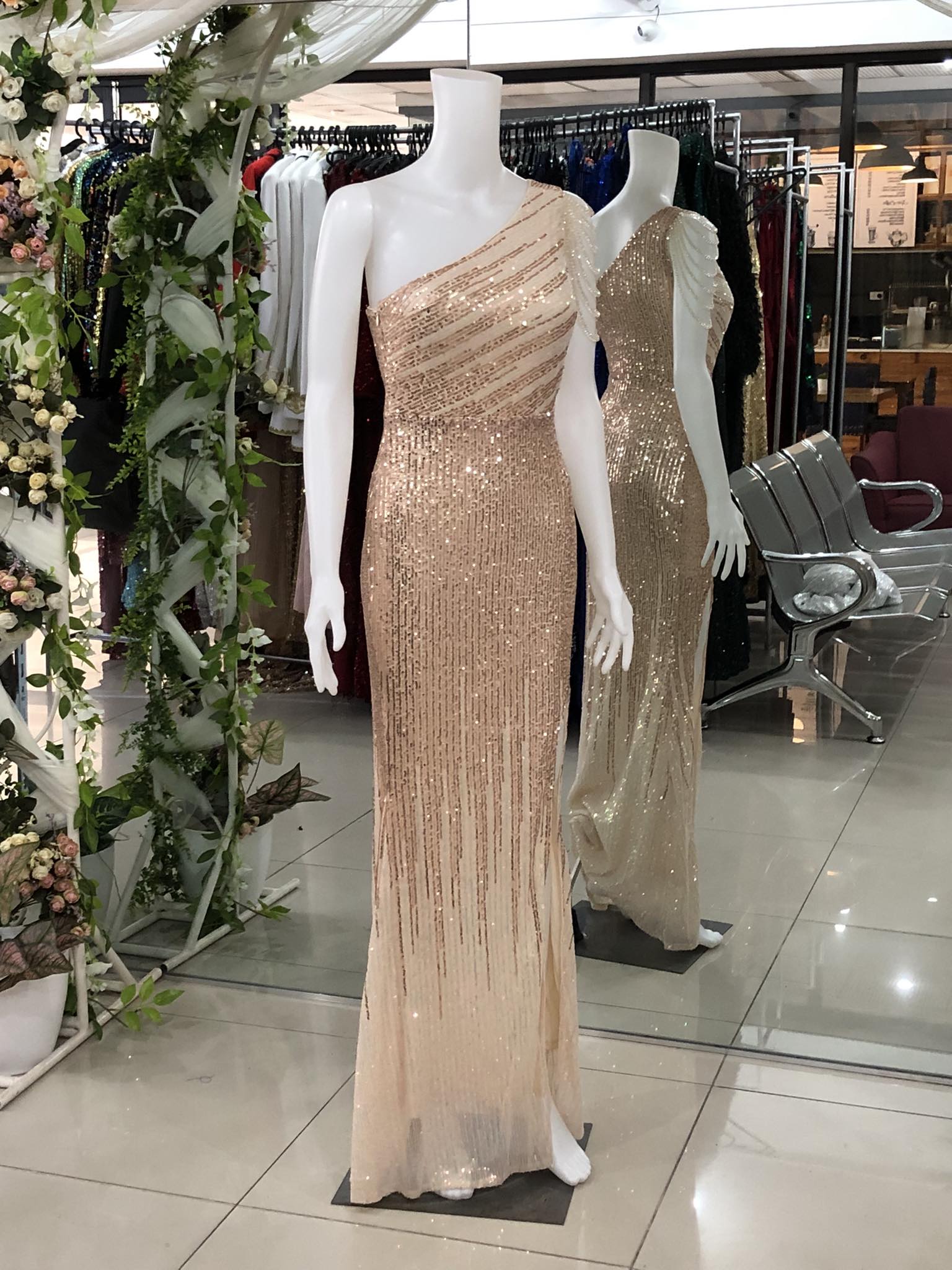 One Shoulder Nude Gold Beads Full Sequins Glittery Gown