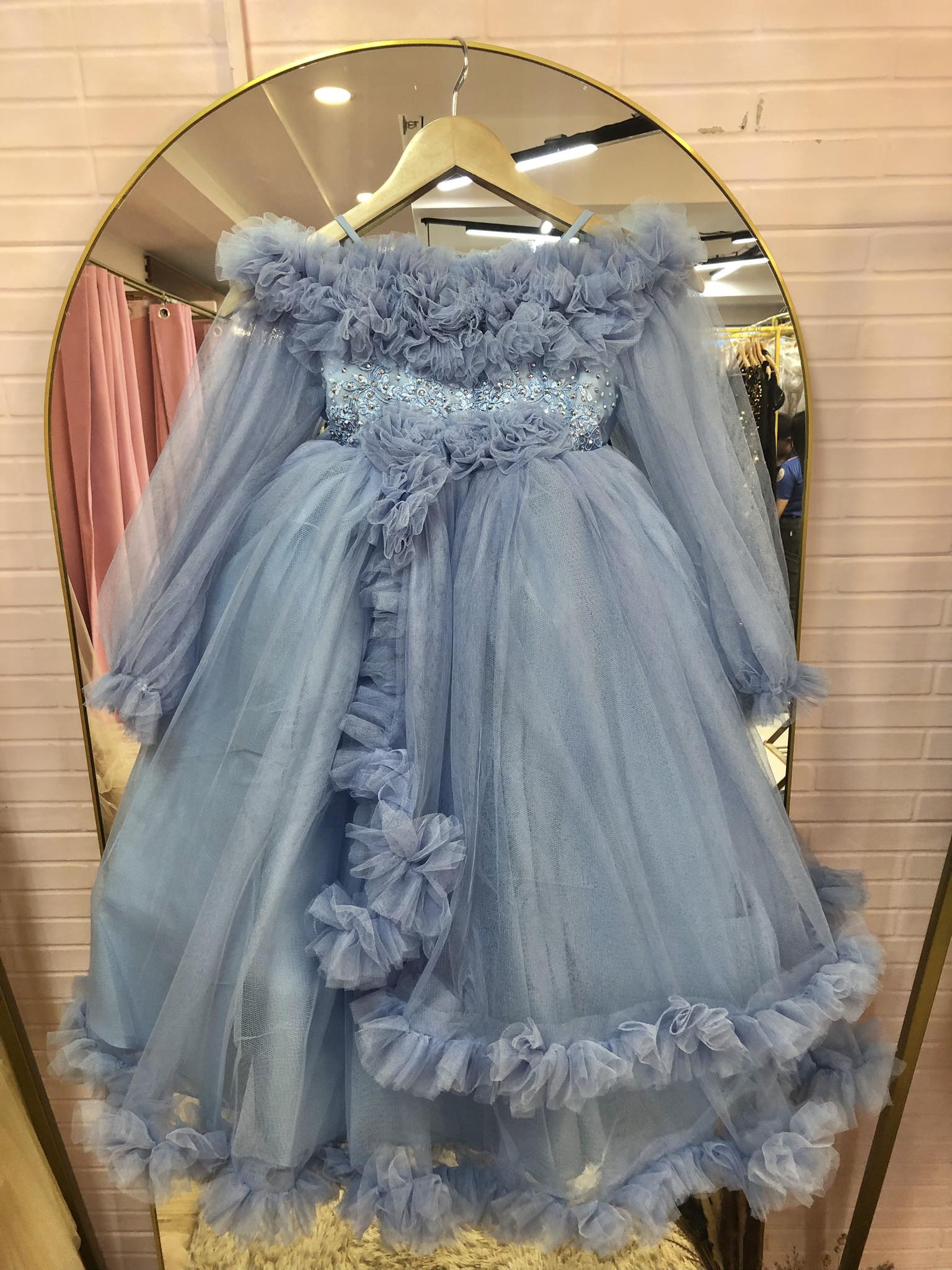 Powder Blue Longsleeves Puffy Flower Girl Dress Gown For Kids