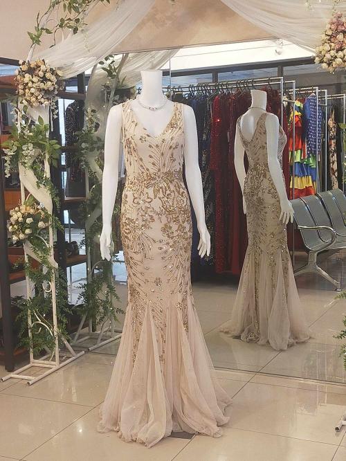 Nude Gold Sequins Glittery Sleeveless Mermaid Long Gown