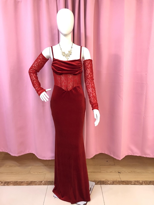 Red Sexy Spaghetti Strap Velvet Contrast Lace Gown 