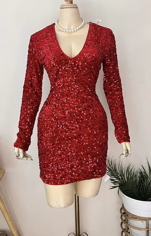 Red Sequins Long sleeves Cocktail Deep Cleavage Dress