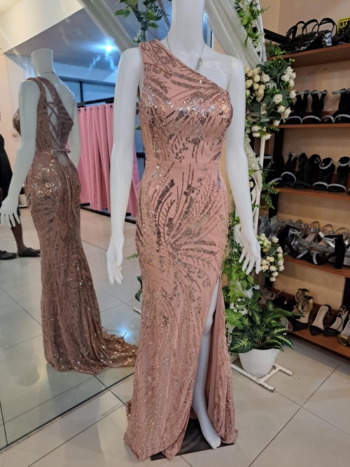 Dusty Pink One Shoulder Sexy Back Long Gown