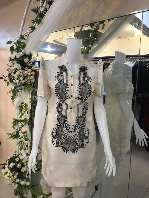 Barong Dress Chinese Collar V Black Embroidery
