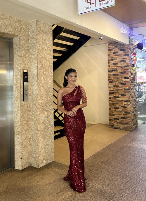 Red One Shoulder Full Sequins Glittery Beads Slit Long Gown