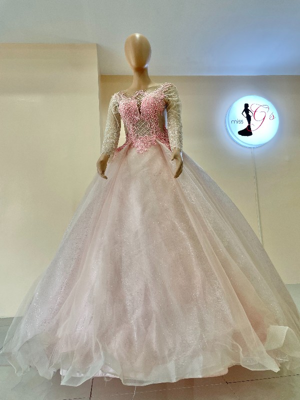 Pink Longsleeves See Through Luxury Ball Gown