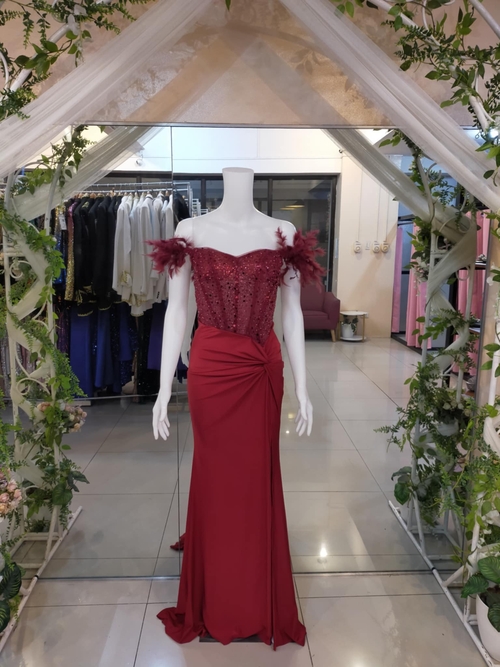 Red offshoulder feather sleeves Gown