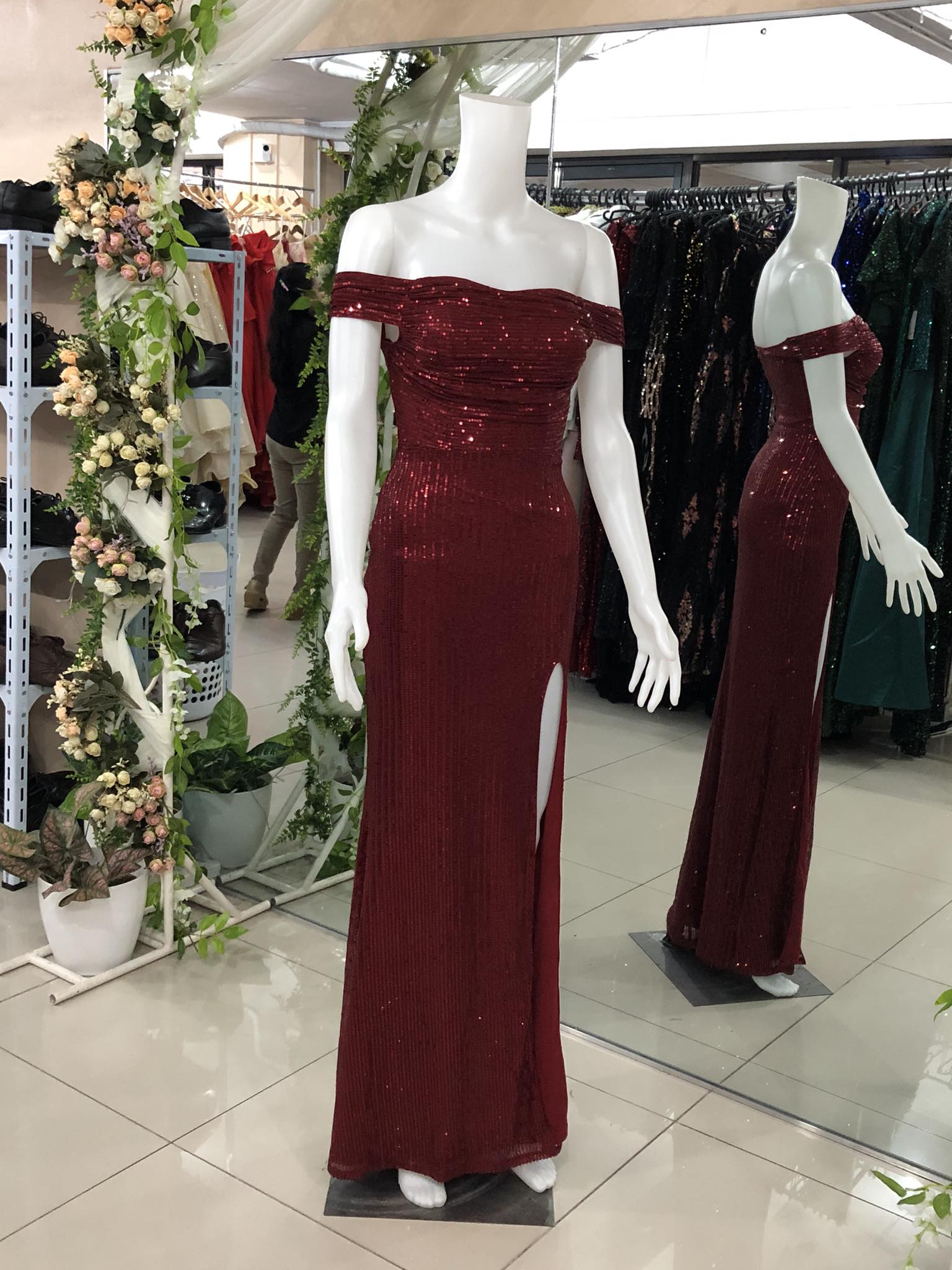 Maroon OffShoulder Full Sequins Slit Long Gown
