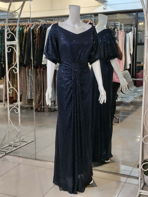 Plus Size Navy Blue Offshoulder Sequins Glittery Ruched Sequins Glittery Gown