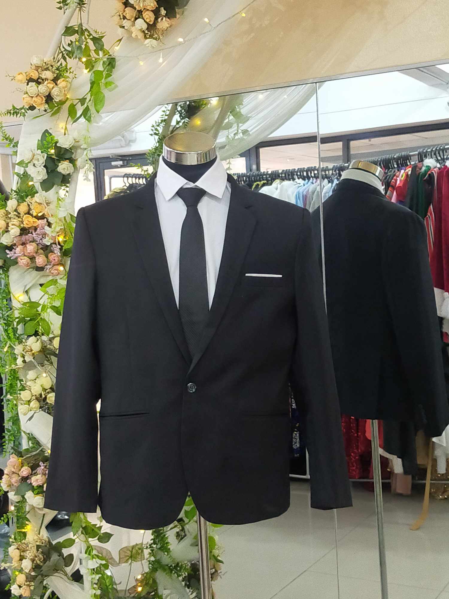 Plus Size Black Mattana White Line Pocket Suit Tuxedo