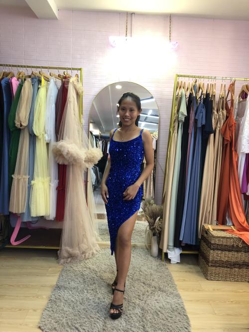 Spag Royal Blue Sequins Backless Cocktail Dress