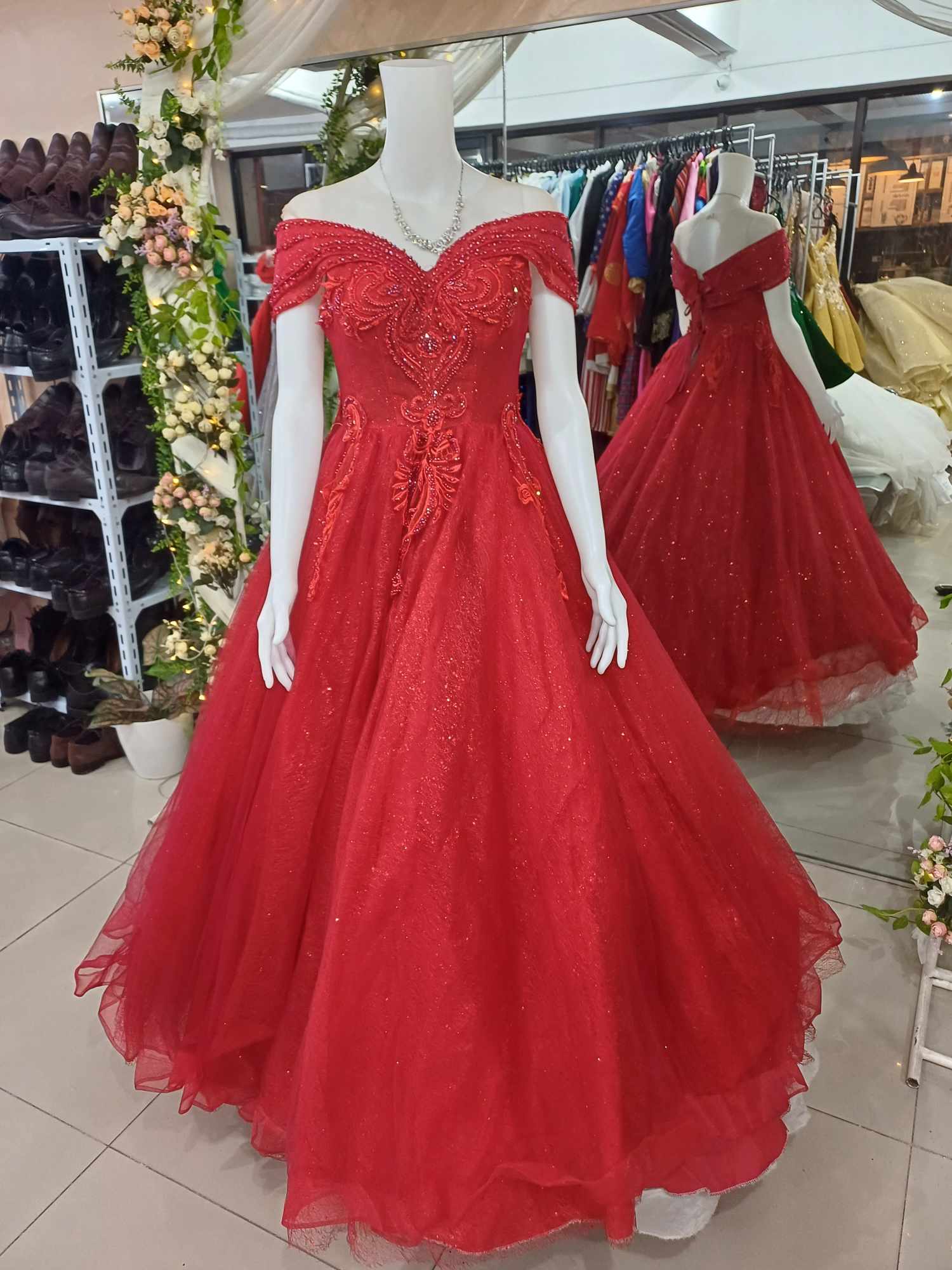 Plus Size Red Offshoulder Butterfly Look Ball Gown
