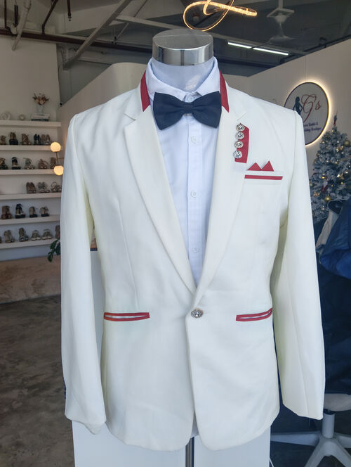 White Suit Set with Maroon Square Pocket 