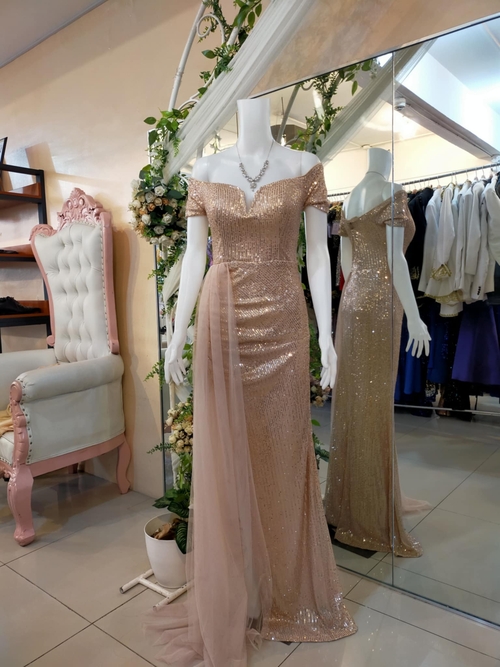 Plus Size Champagne Off shoulder Draped Side Sequins Gown