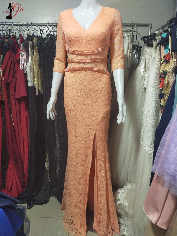 Peach Lace 3/4 Mother Gown With Slit