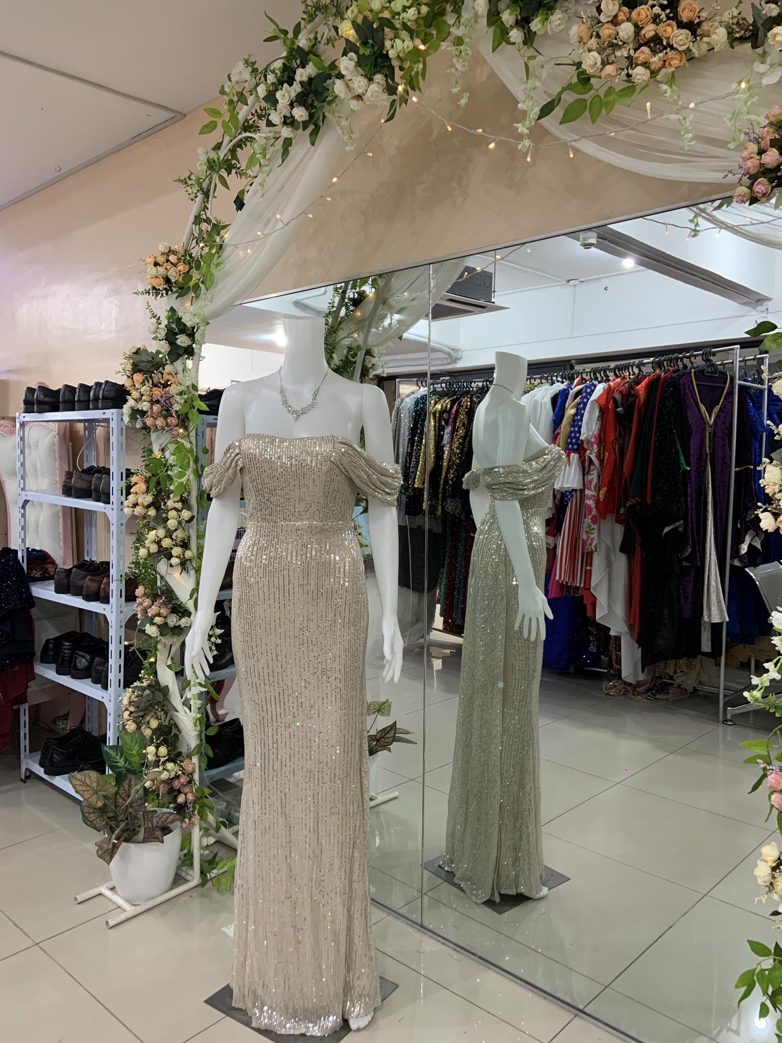 Champagne OffShoulder Back Drape Glittery Long Gown