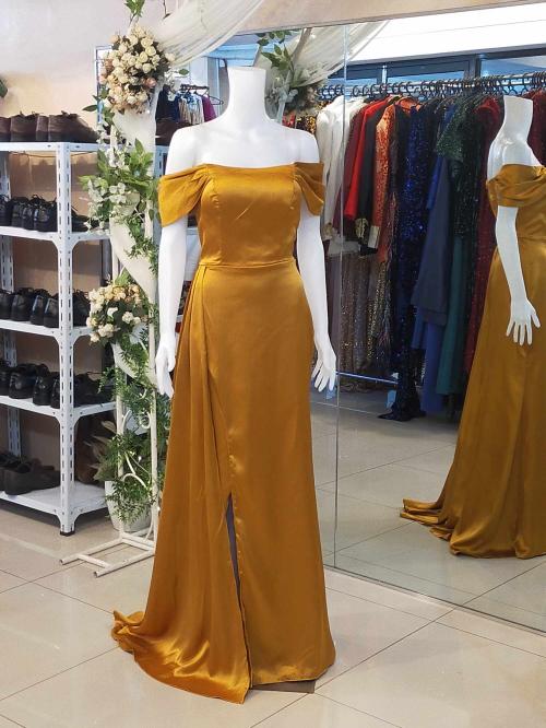 Yellow Offshoulder Satin Slit Bridesmaid Gown