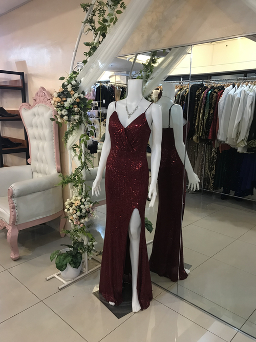 Burgundy Full Sequins Glittery Spag Slit Long Gown