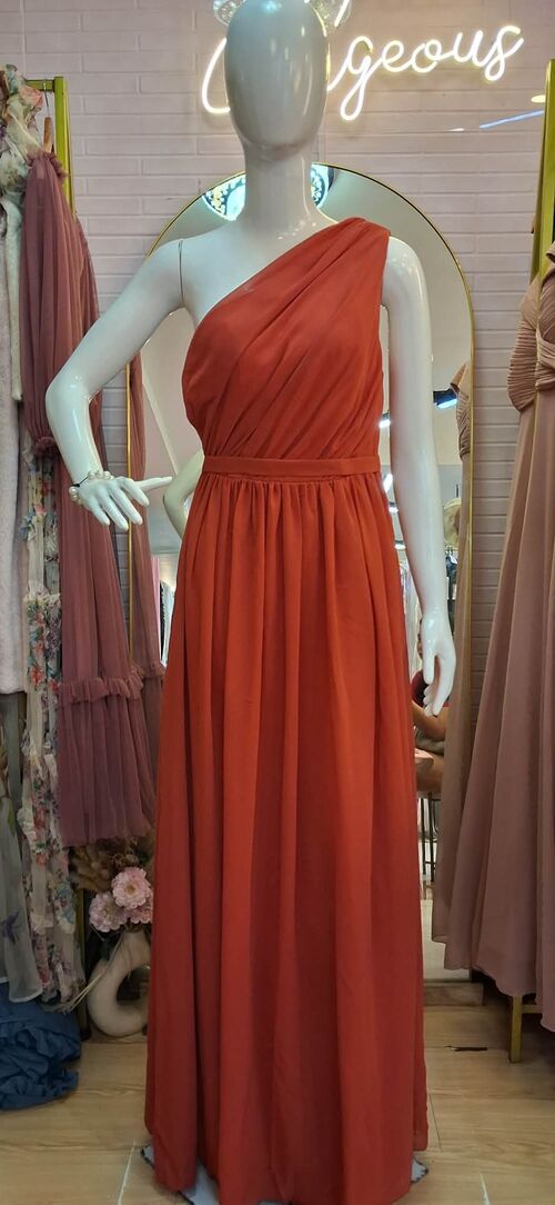 Rust Orange One Shoulder Pleated Front Design with Belt Bridesmaid Gown