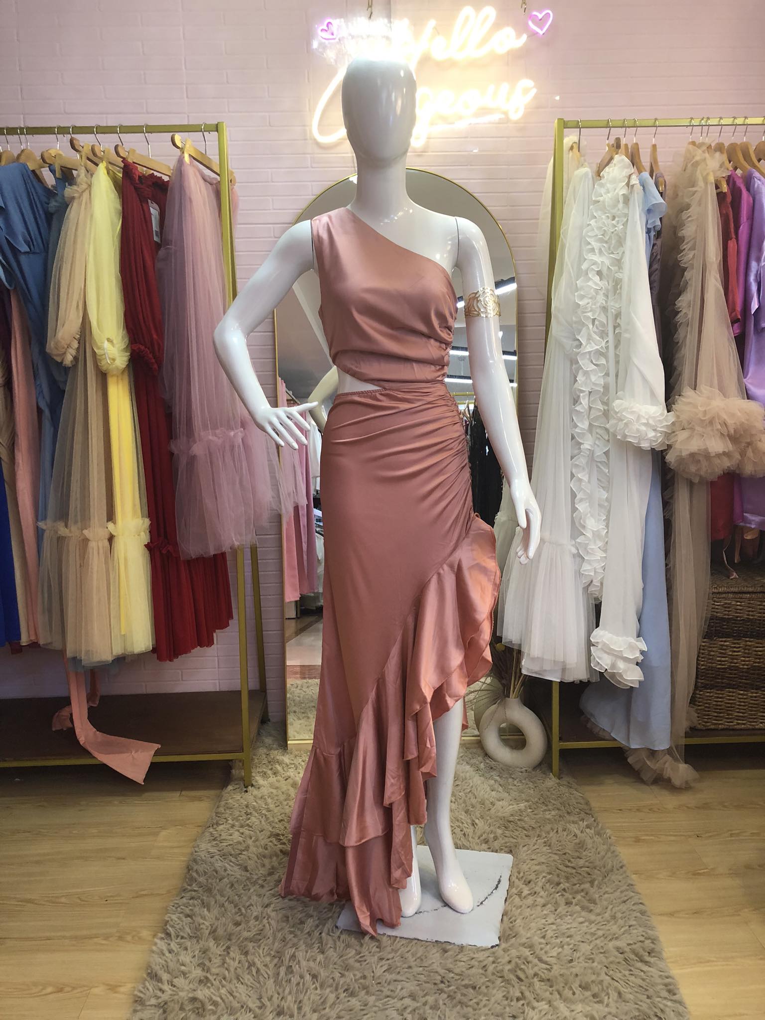 Pink One Shoulder Ruffle Skirt Long Gown