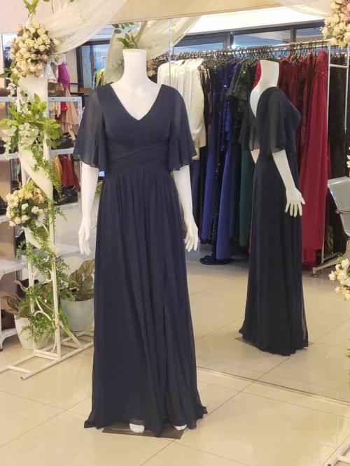 Navy Blue Flappy Sleeves Slit Chiffon Bridesmaid Gown