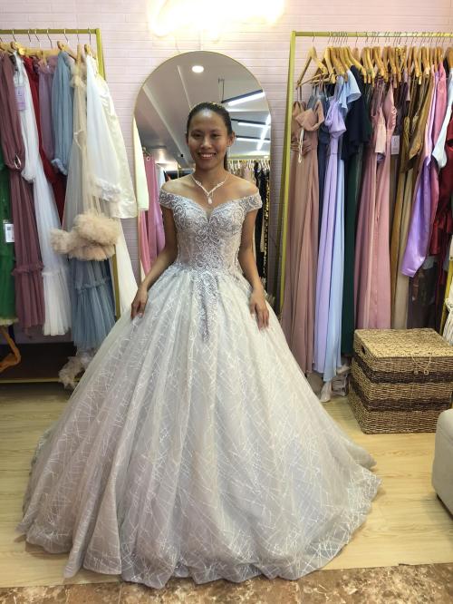 Light Gray Off Shoulder Gesture Style Ball Gown