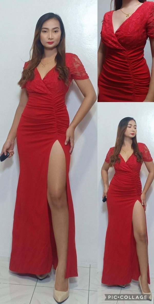 Red Sleeves Lace Slit Gown