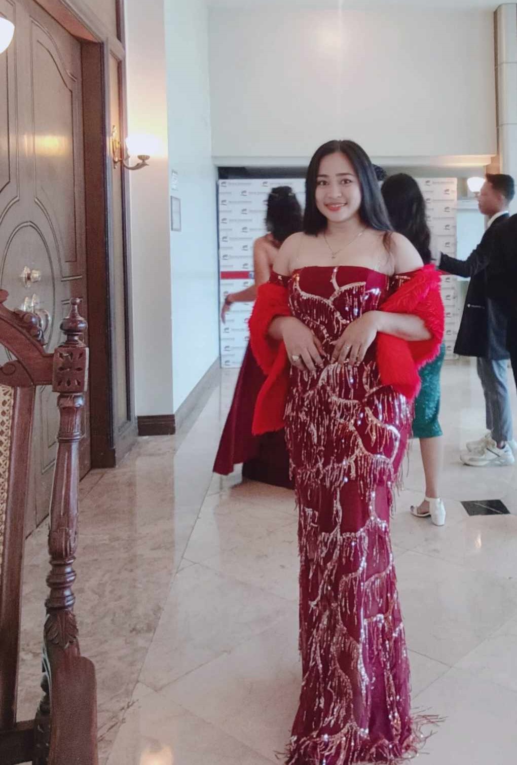 Burgundy Falling Sequins Tassel Glittery Offshoulder Gown