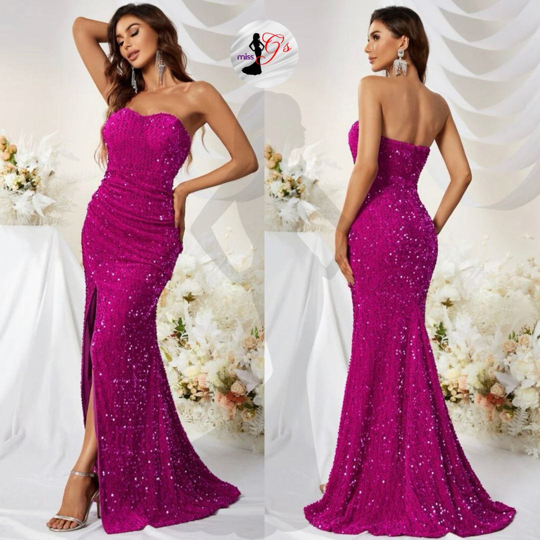 Red Violet Tube Sequins Glittery Slit Gown