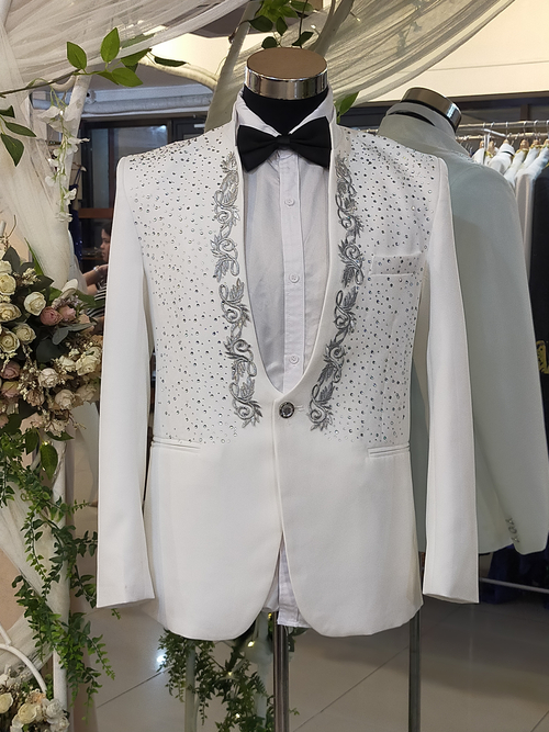 White Coat Pants Sequins Glittery Suit Tuxedo Silver Applique
