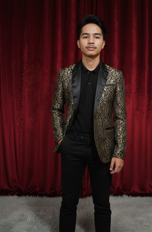 Plus Size Black Gold Glittery Peak Lapel Suit Tuxedo Coat
