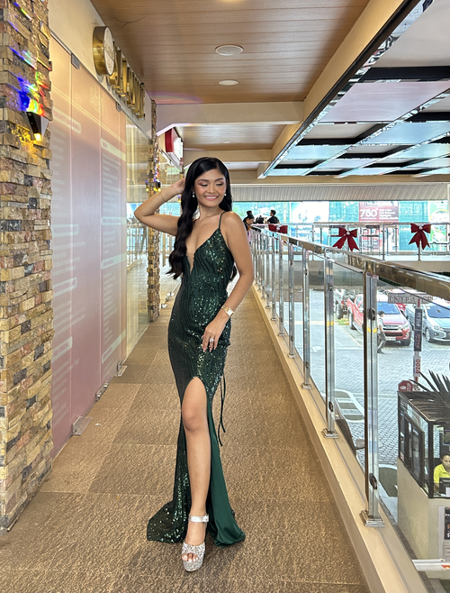 Sexy Glittery Spag Green Slit Long Gown