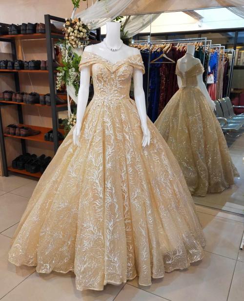 Peach Yellow Glittery Offshoulder Ball Gown