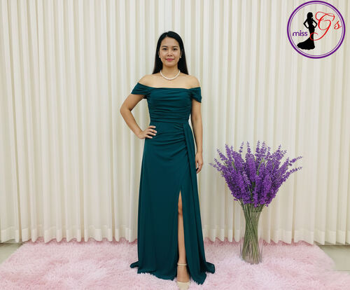 Emerald Green Offshoulder With Slit  Draped Bridesmaid Long Gown
